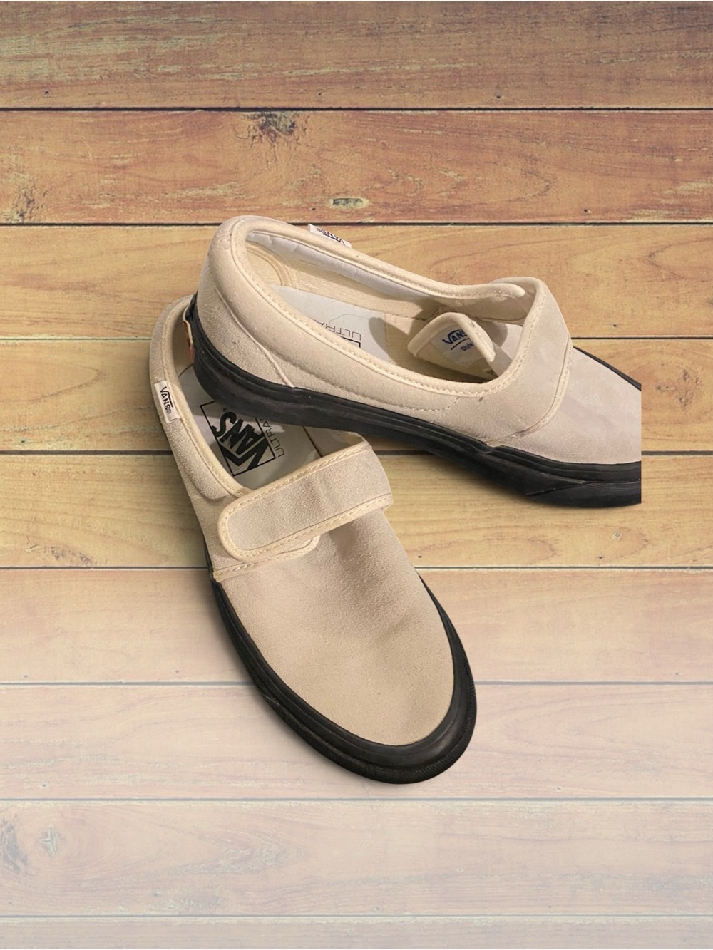 Vans Women's Cream Canvas Slip-On with Black Outsole and Strap